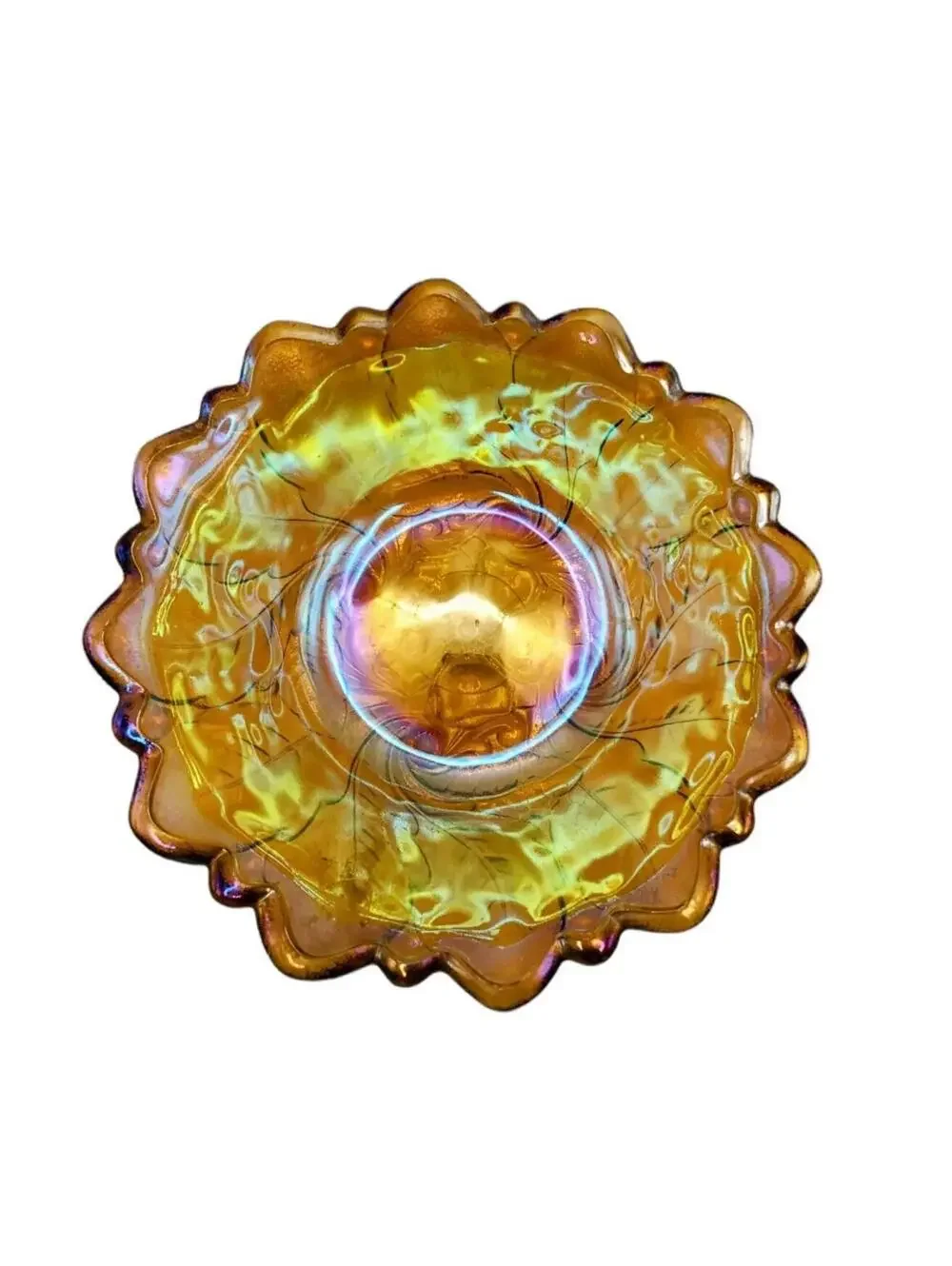 Vintage Indiana Glass Wild Rose Iridescent Amber 9” Carnival Glass Footed Bowl